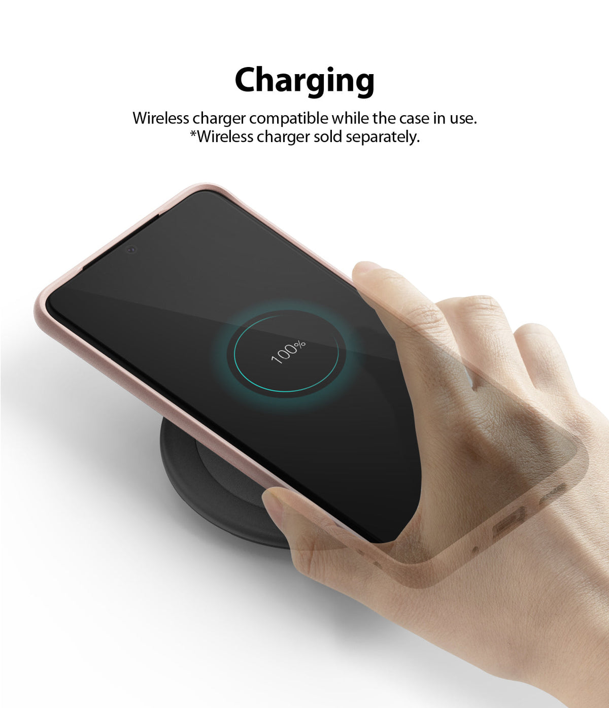 Galaxy S20 Ultra Case | Air-S - Hand placing a phone in a protective case onto a wireless charging pad showing 100% charge.