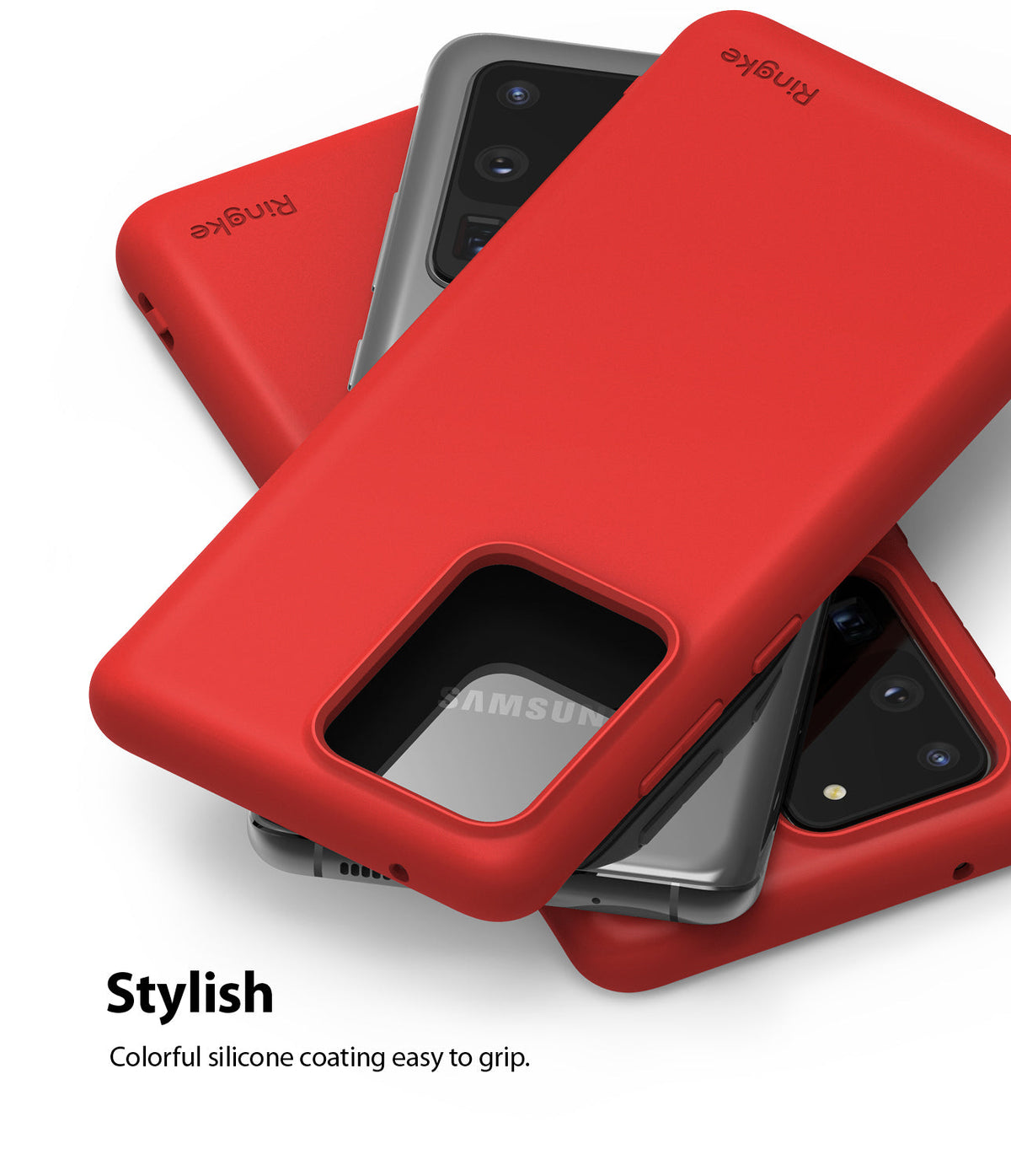 Galaxy S20 Ultra Case | Air-S - Two red Ringke silicone phone cases stacked over silver Galaxy S20 Ultra smartphones.