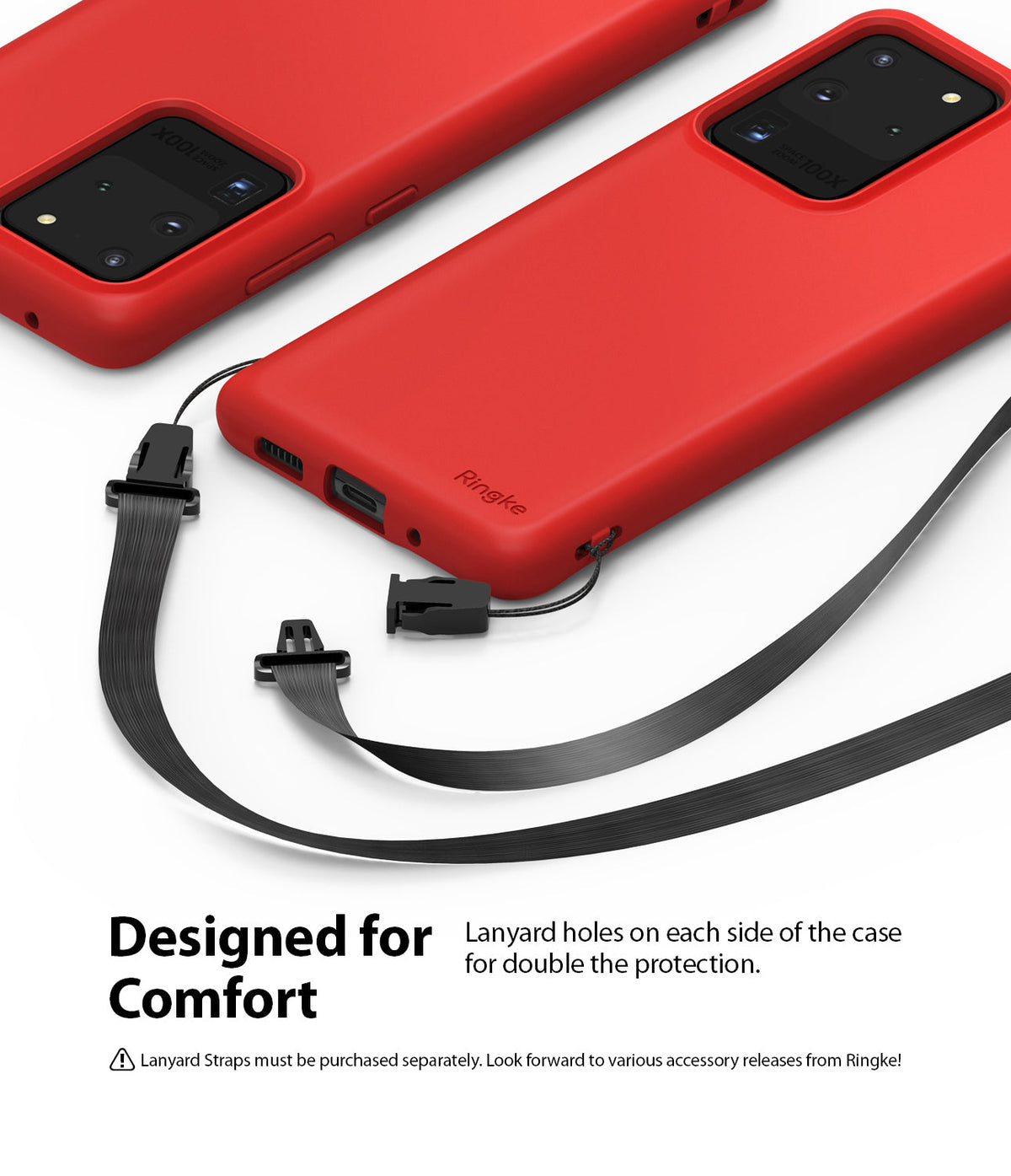 Galaxy S20 Ultra Case | Air-S - Red phone case with detachable black lanyard straps attached to side holes.