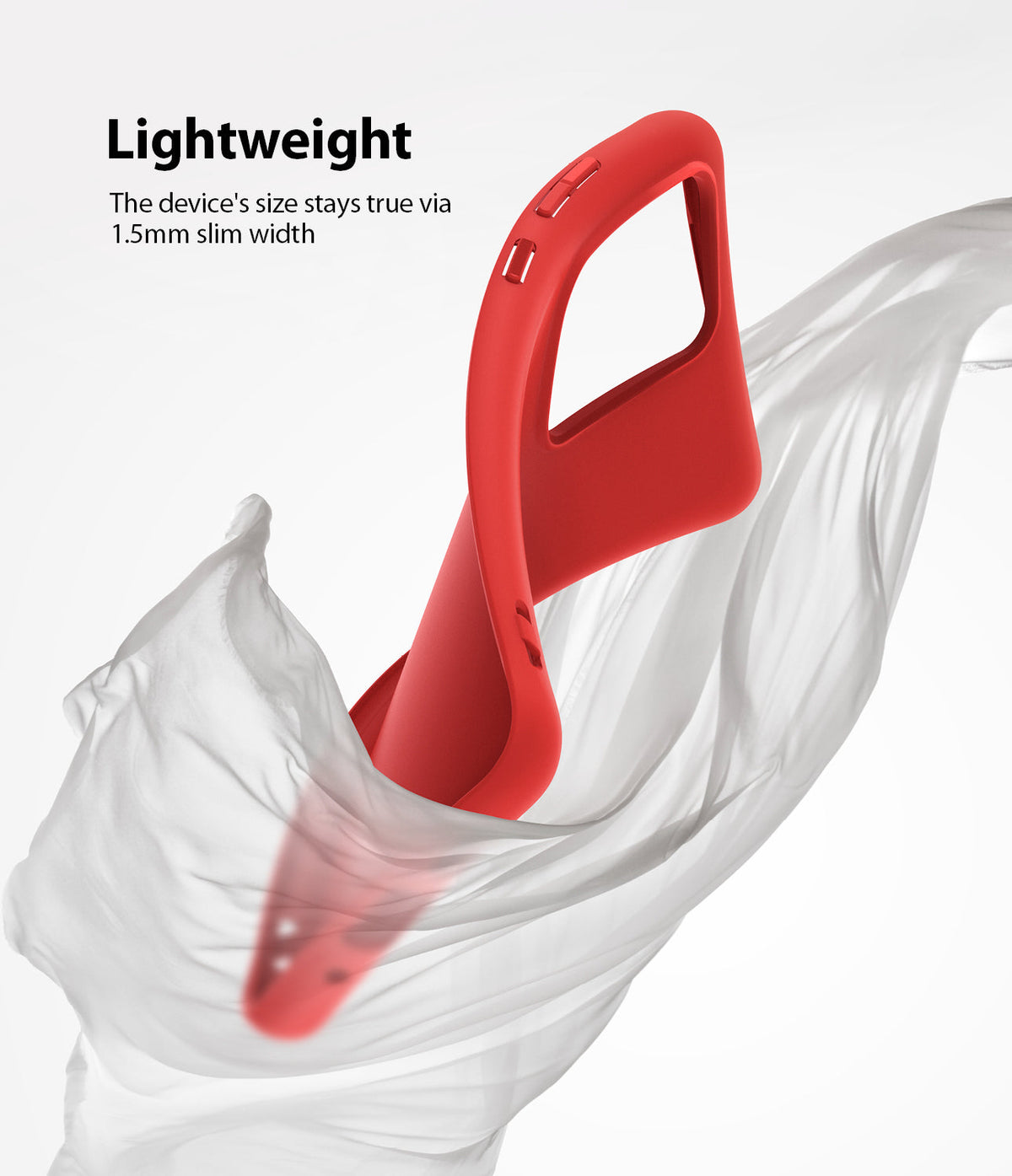 Galaxy S20 Ultra Case | Air-S - Red slim phone case floating amidst flowing white fabric with text about its lightweight design.