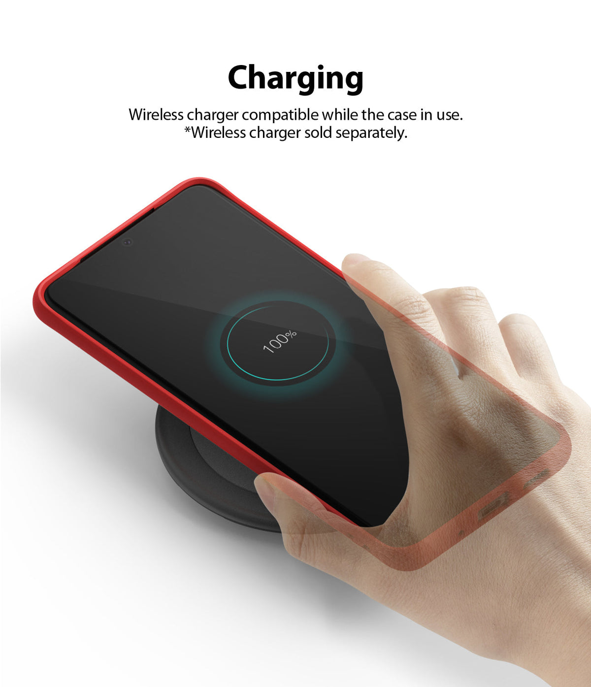 Galaxy S20 Ultra Case | Air-S - Red phone case on a wireless charger showing a 100% battery charge icon on the screen.