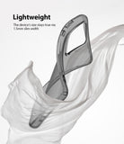 Galaxy S20 Ultra Case | Air - A slim, transparent phone case floating amidst flowing white fabric with text about its weight.