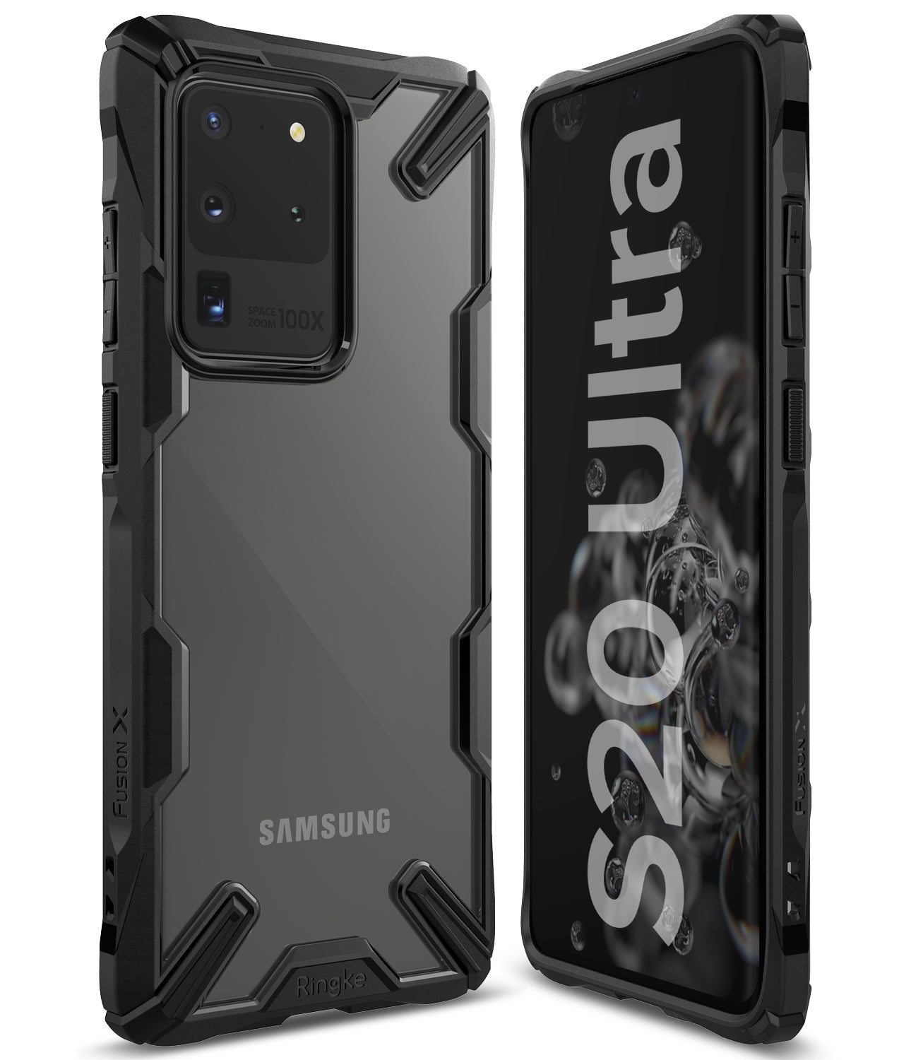 Galaxy S20 Ultra Case | Fusion-X - Black rugged protective case on a Samsung Galaxy S20 Ultra, showing front and back.