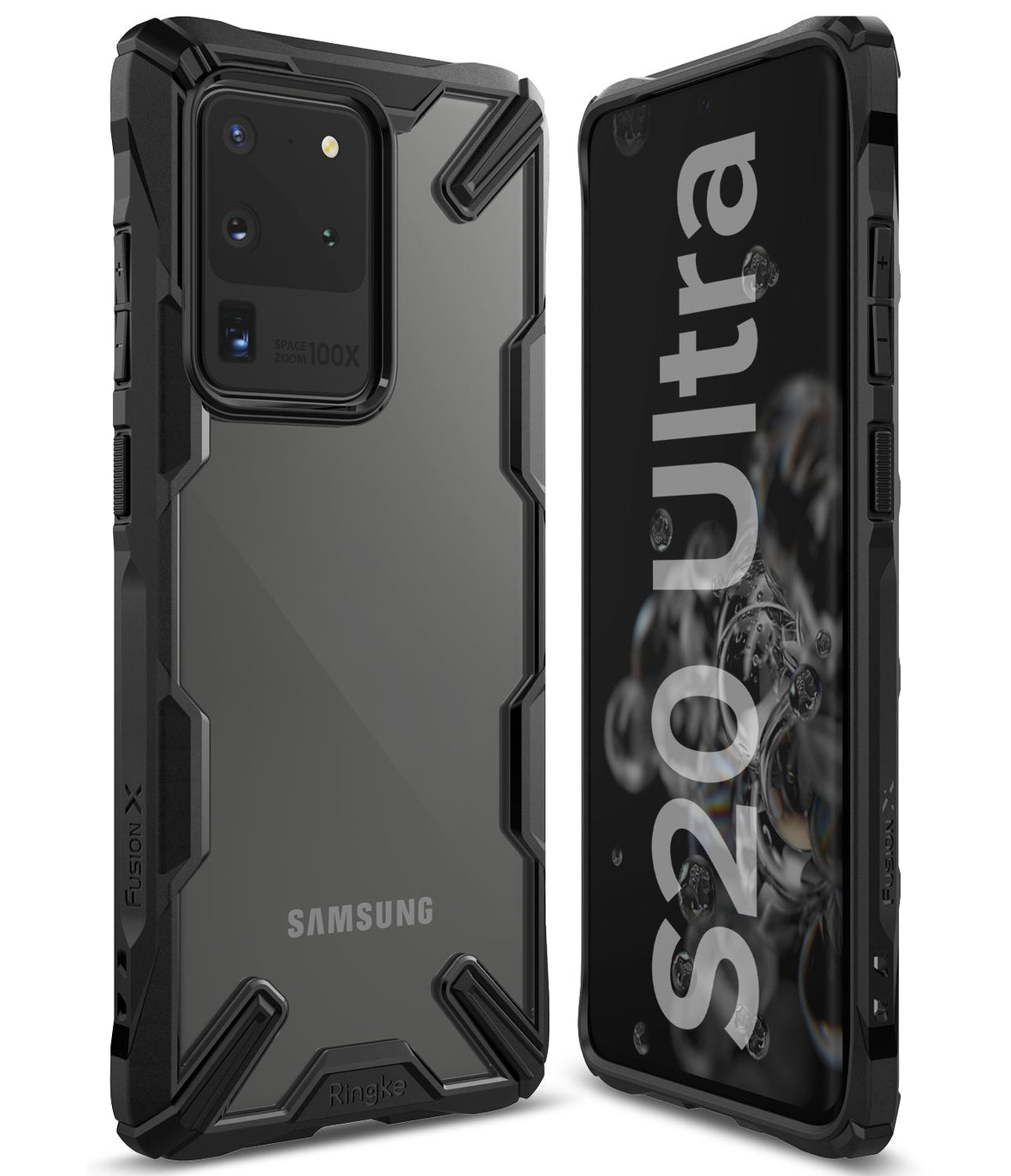 Galaxy S20 Ultra Case | Fusion-X - Black rugged protective case on a Samsung Galaxy S20 Ultra, showing front and back.