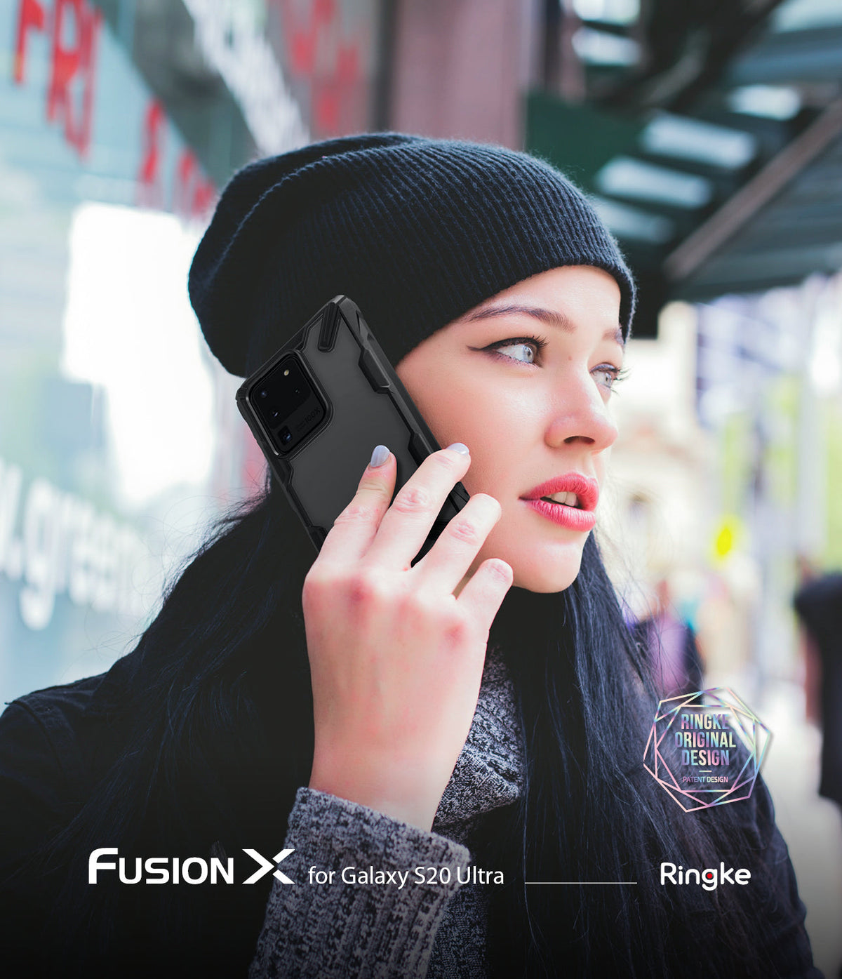 Galaxy S20 Ultra Case | Fusion-X - Woman in a black beanie talking on a Galaxy S20 Ultra with a black Fusion-X protective case.