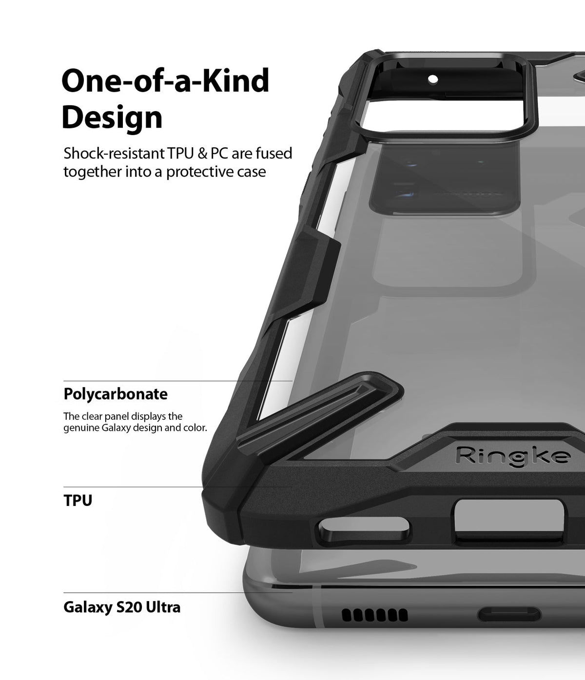 Galaxy S20 Ultra Case | Fusion-X - Close-up of a clear and black protective phone case with labels highlighting TPU and polycarbonate.