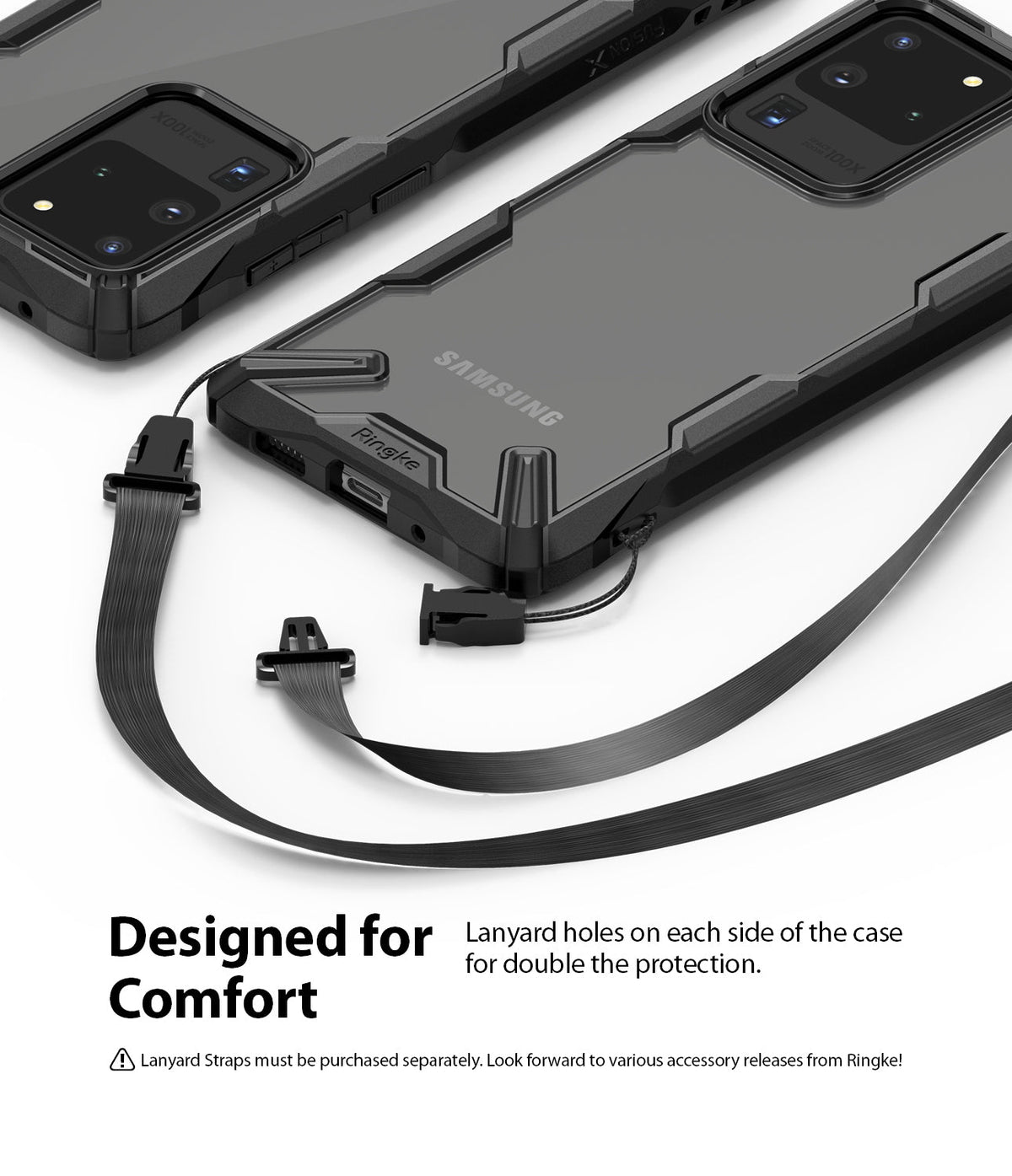 Galaxy S20 Ultra Case | Fusion-X - Black protective phone case with dual lanyard attachment points and detachable straps.