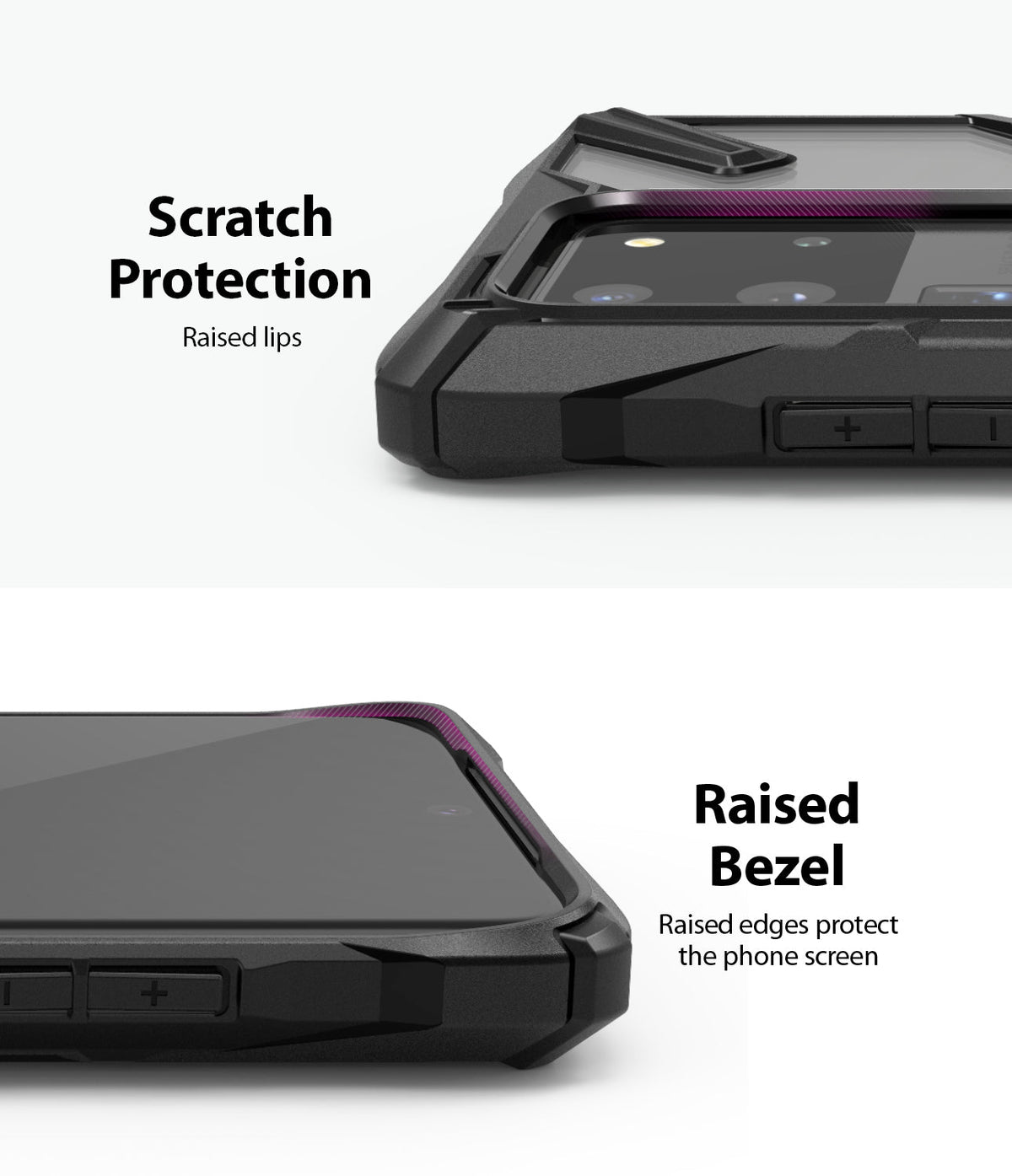 Galaxy S20 Ultra Case | Fusion-X - Close-up of black phone case showing raised edges for screen and camera protection.