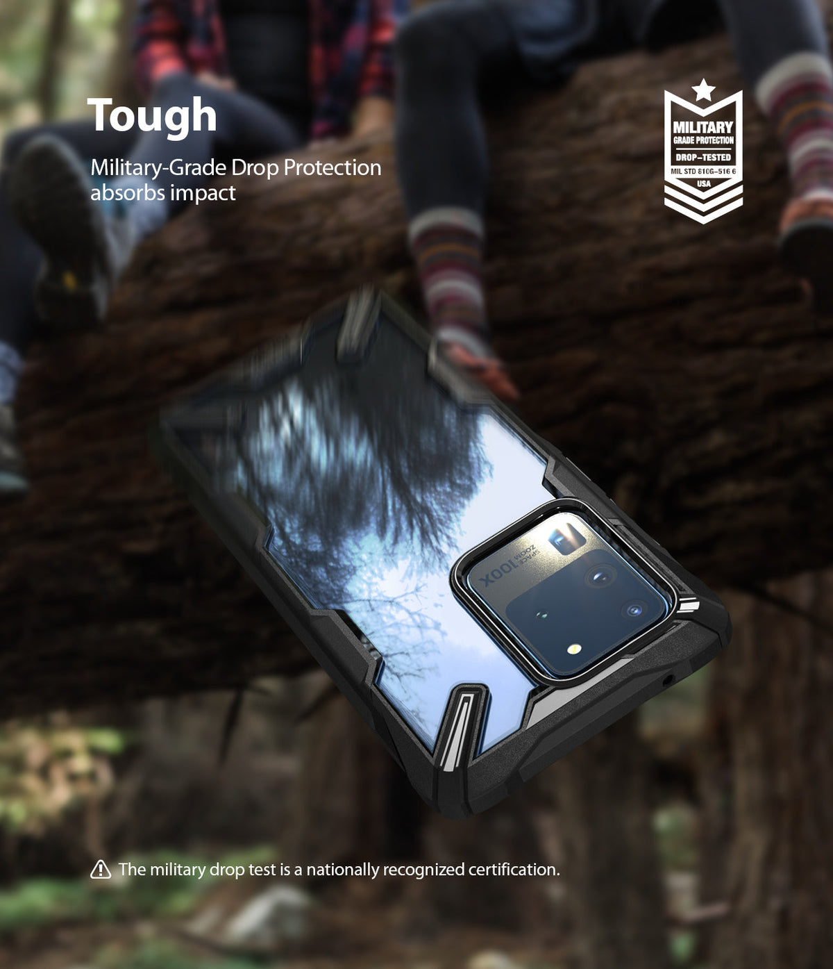 Galaxy S20 Ultra Case | Fusion-X - Black protective phone case floating against a blurred outdoor forest background.