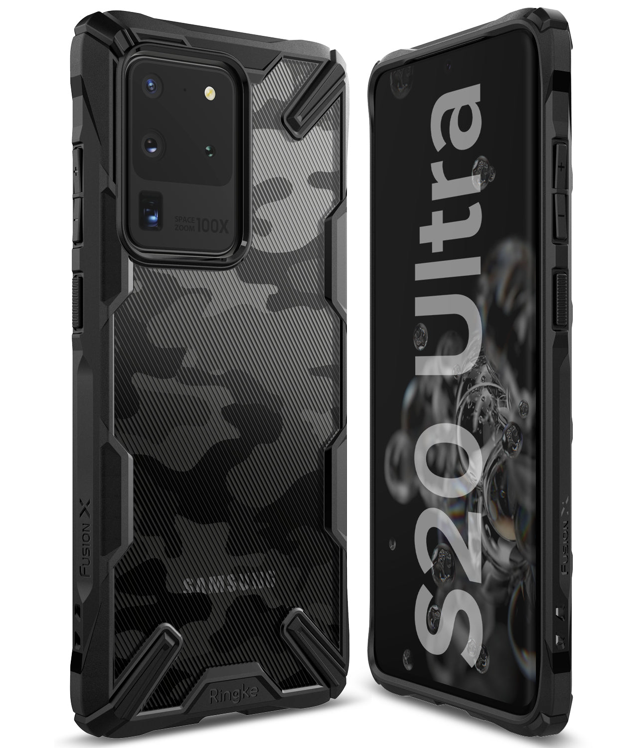 Galaxy S20 Ultra Case | Fusion-X - Black camouflage protective phone case shown from front and back angles.