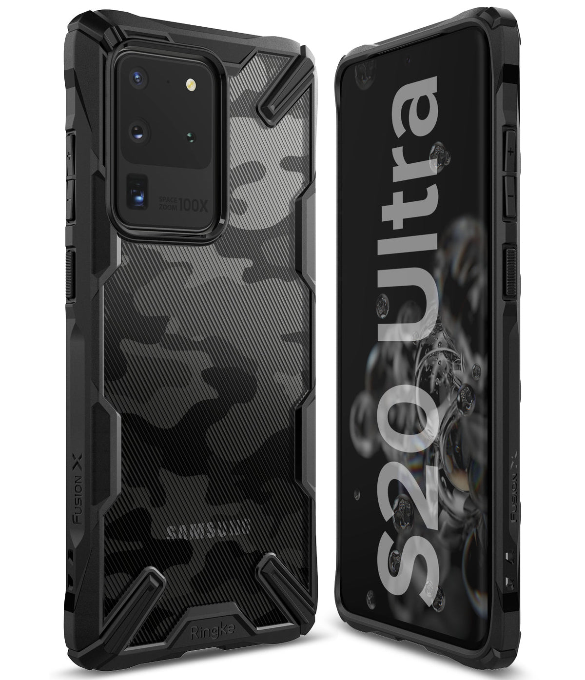 Galaxy S20 Ultra Case | Fusion-X - Black camouflage protective phone case shown from front and back angles.
