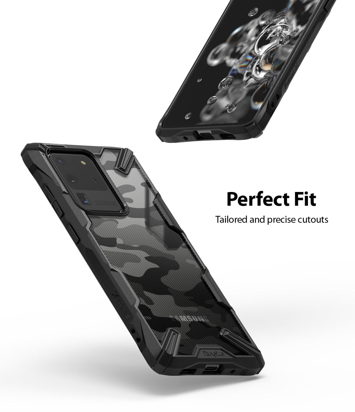 Galaxy S20 Ultra Case | Fusion-X - Black camouflage phone case with precise cutouts shown from front and back angles.