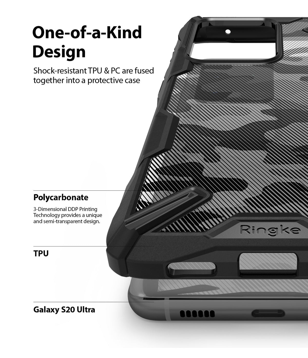 Galaxy S20 Ultra Case | Fusion-X - Close-up of a black, camo-patterned phone case highlighting TPU and polycarbonate materials.