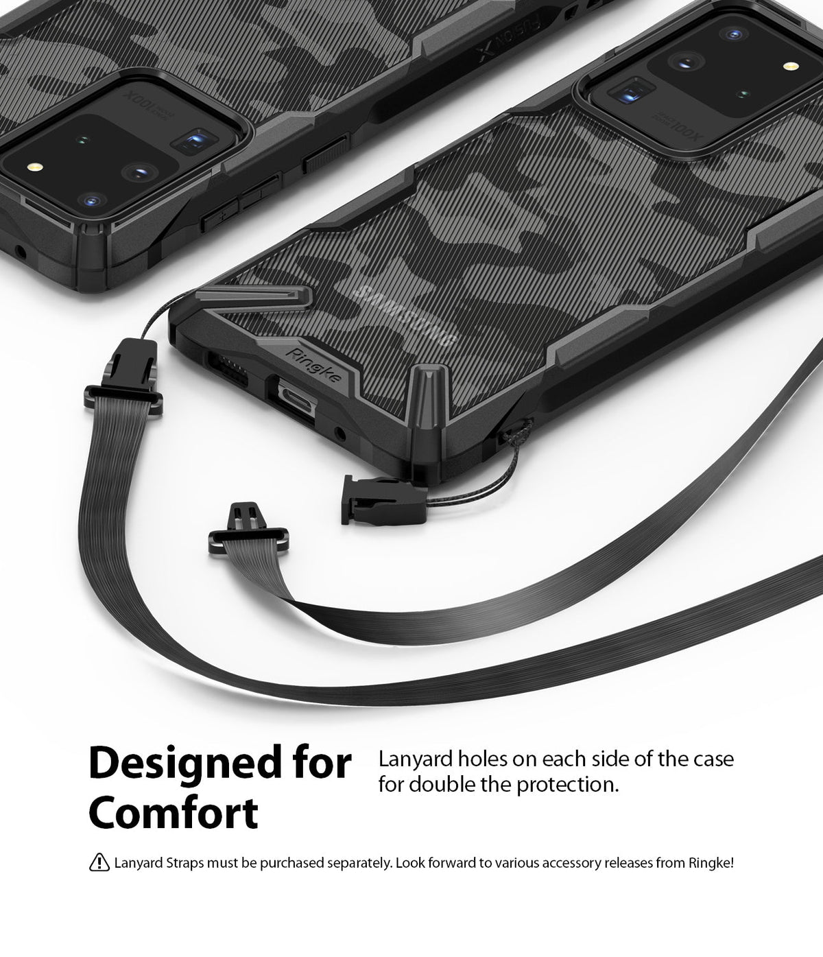 Galaxy S20 Ultra Case | Fusion-X - Camouflage phone case with dual lanyard attachment points and a black strap.
