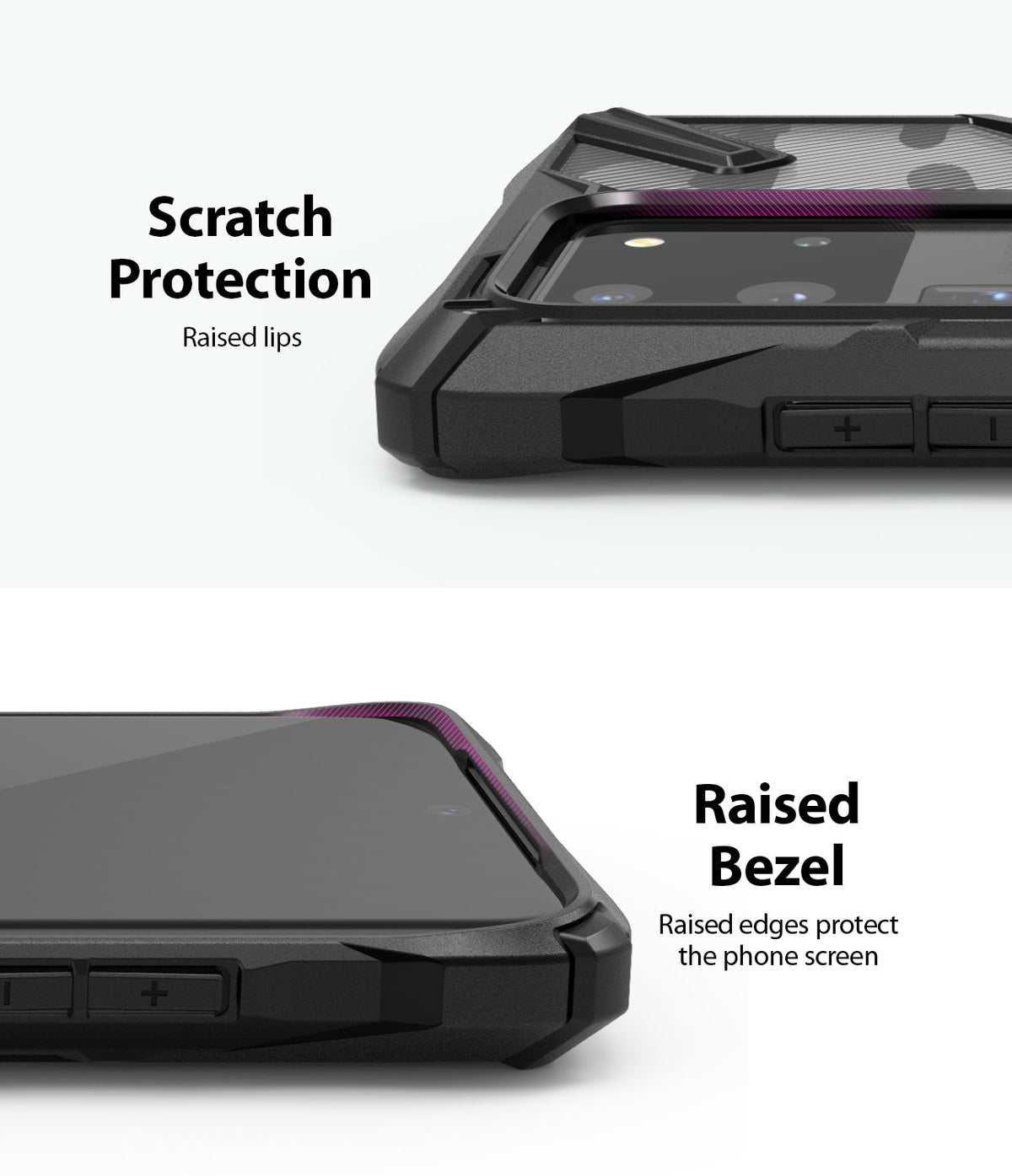 Galaxy S20 Ultra Case | Fusion-X - Close-up of phone case showing raised lips and bezels for camera and screen protection.