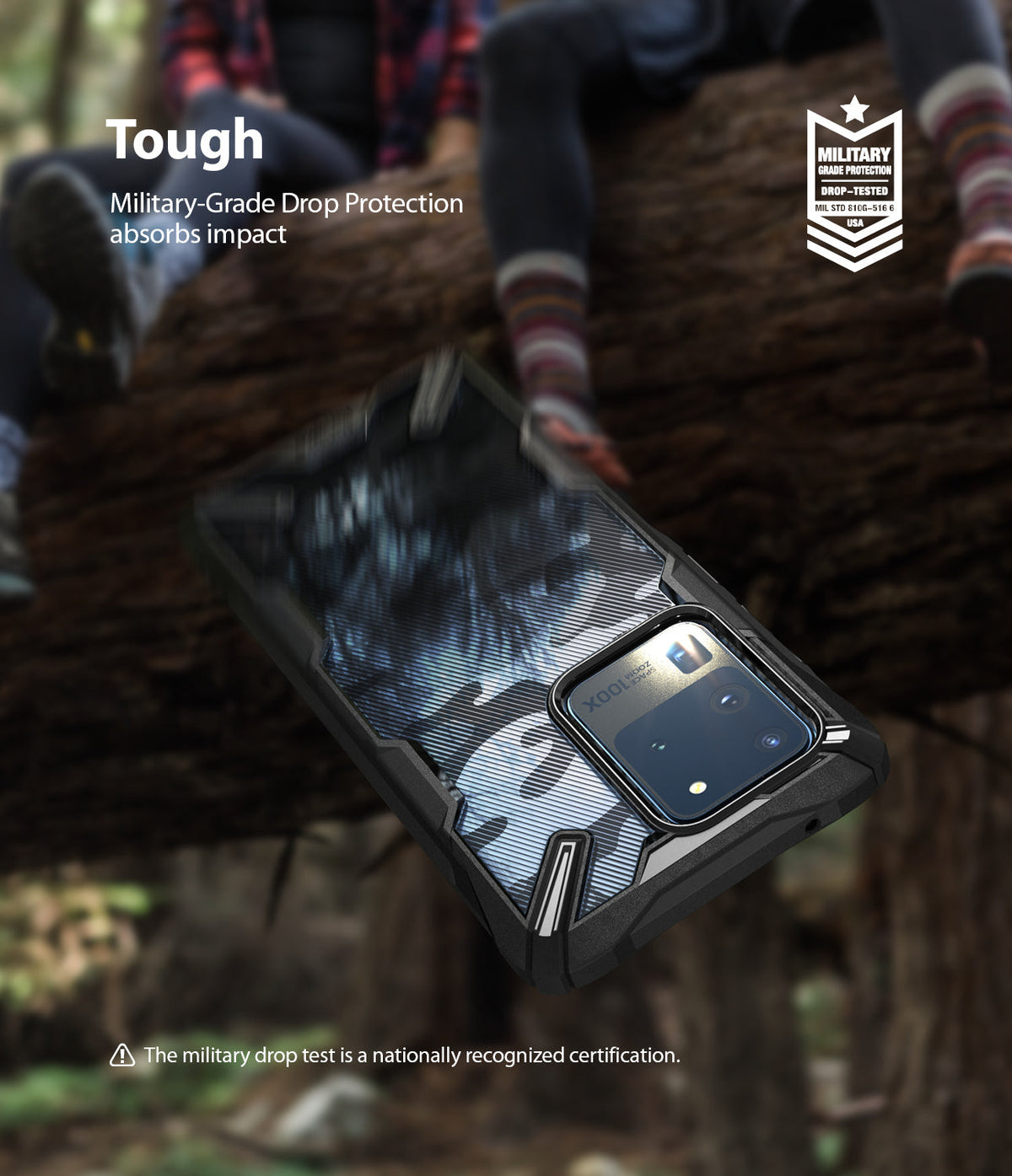 Galaxy S20 Ultra Case | Fusion-X - Black rugged phone case with camo back, floating over a forest background with military-grade badge.