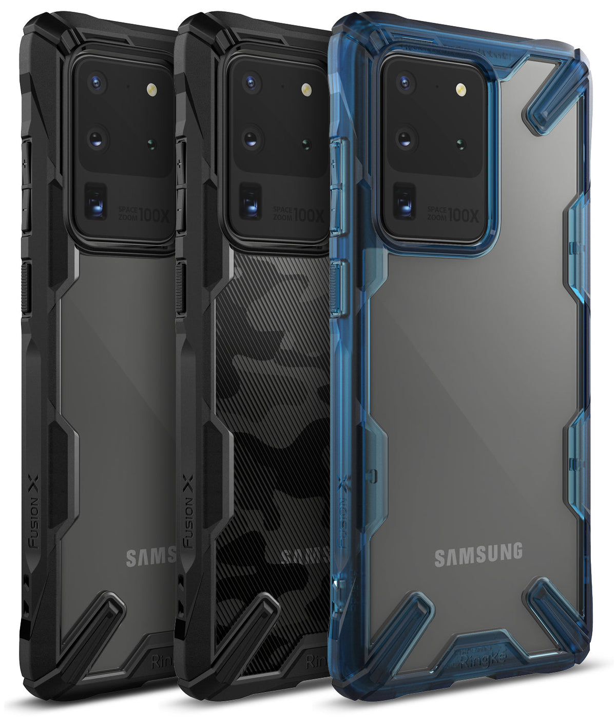 Galaxy S20 Ultra Case | Fusion-X - Three Galaxy S20 Ultra phones in black, camo, and blue Fusion-X protective cases.