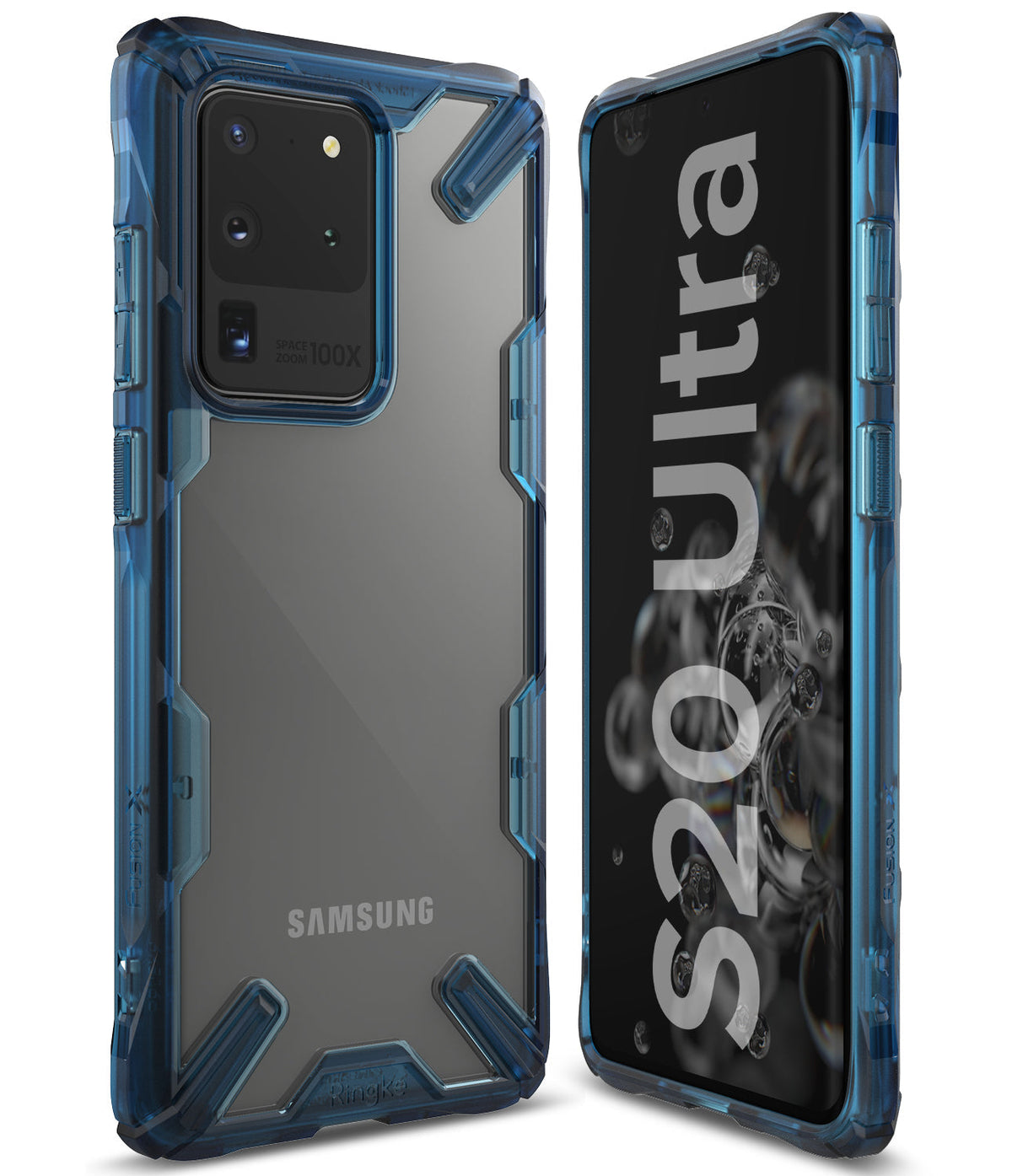 Galaxy S20 Ultra Case | Fusion-X - Blue transparent protective case on a Galaxy S20 Ultra showing front and back views.