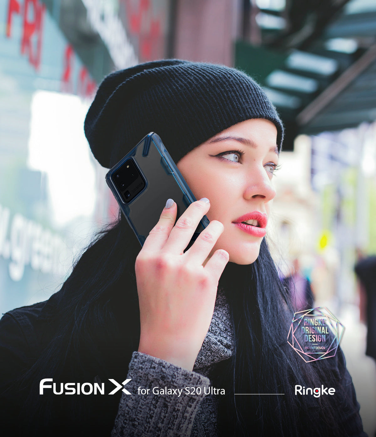 Galaxy S20 Ultra Case | Fusion-X - Woman in a beanie talking on a Galaxy S20 Ultra with a blue Fusion-X protective case.