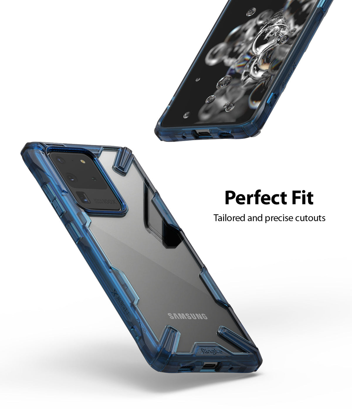 Galaxy S20 Ultra Case | Fusion-X - Blue rugged case with clear back on a Galaxy S20 Ultra showing precise cutouts.