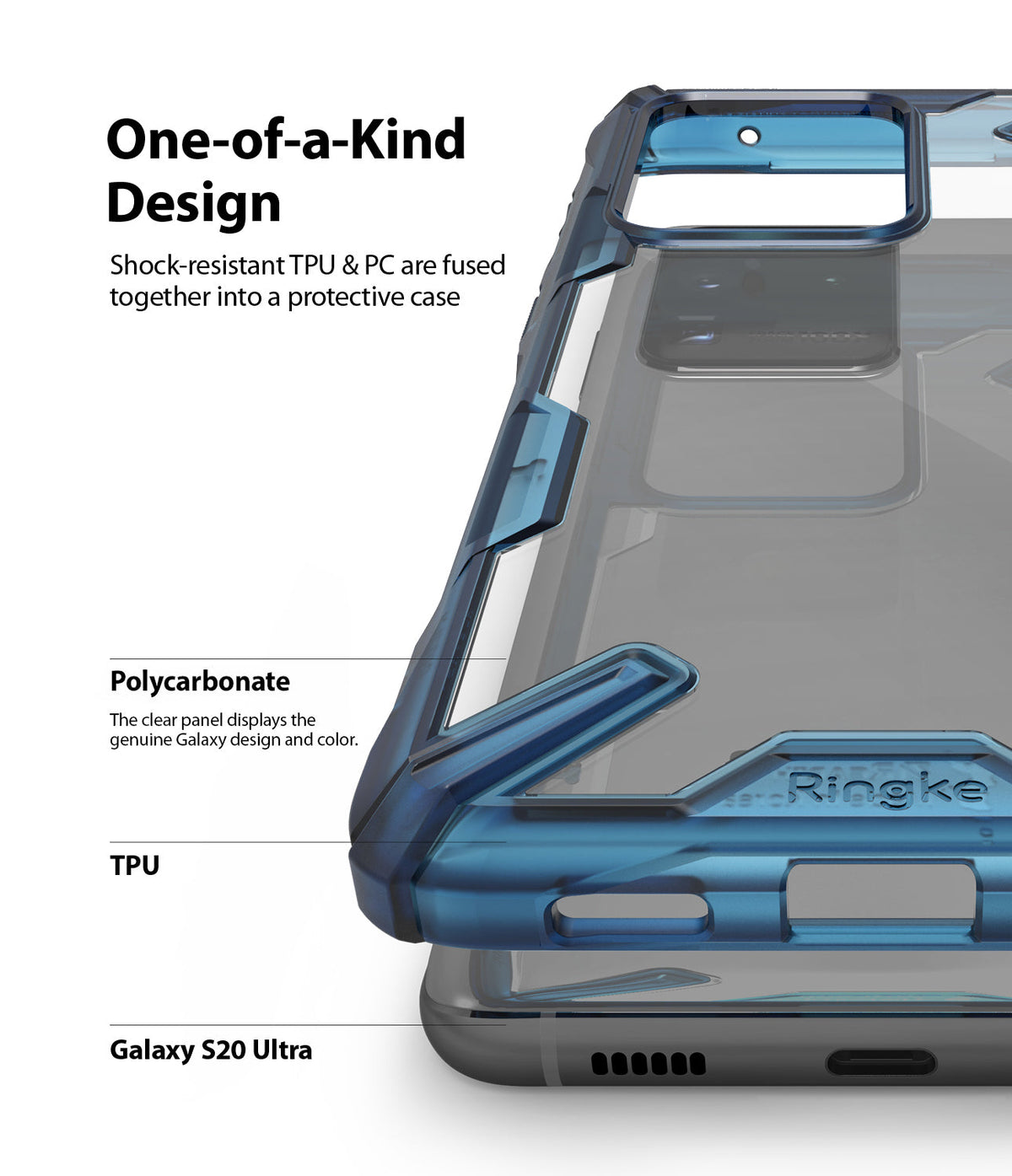 Galaxy S20 Ultra Case | Fusion-X - Close-up of a blue, shock-resistant phone case on a Galaxy S20 Ultra with text labels.