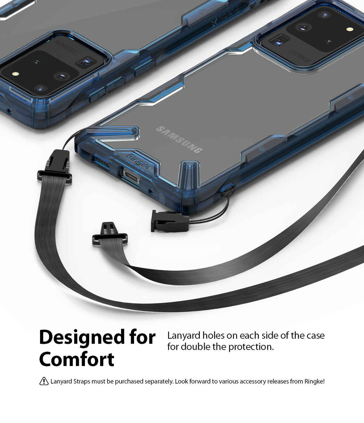 Galaxy S20 Ultra Case | Fusion-X - Blue transparent phone case with dual lanyard attachment points and black strap.