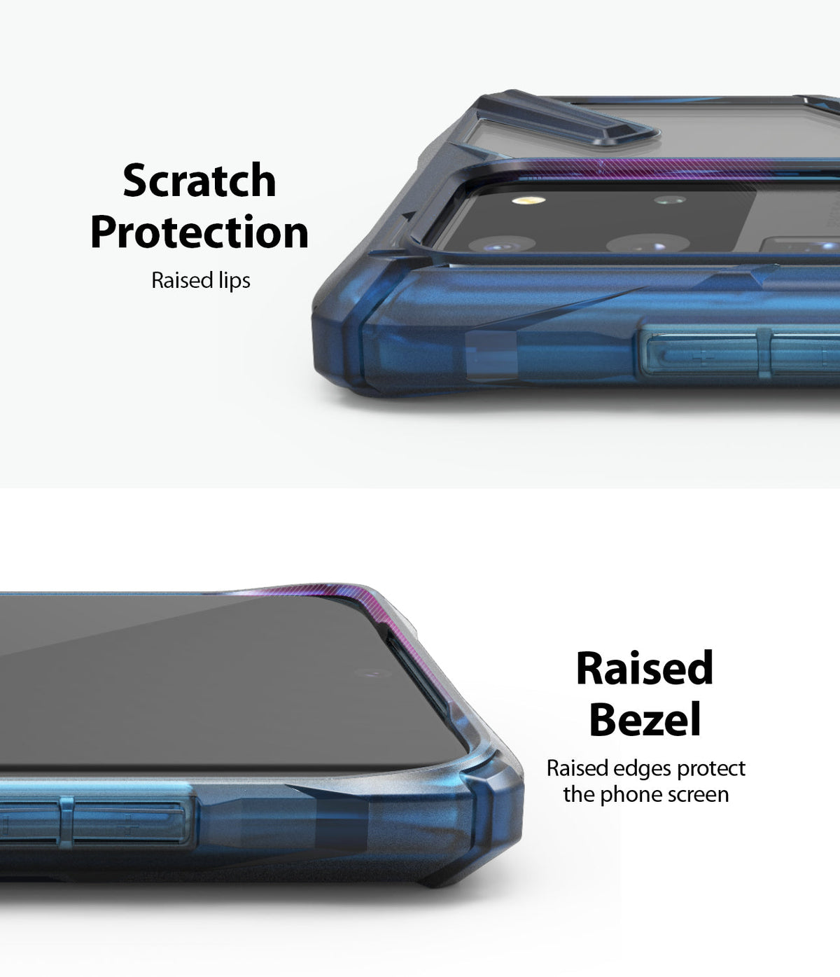 Galaxy S20 Ultra Case | Fusion-X - Close-up of blue phone case showing raised lips and bezels for screen and camera protection.