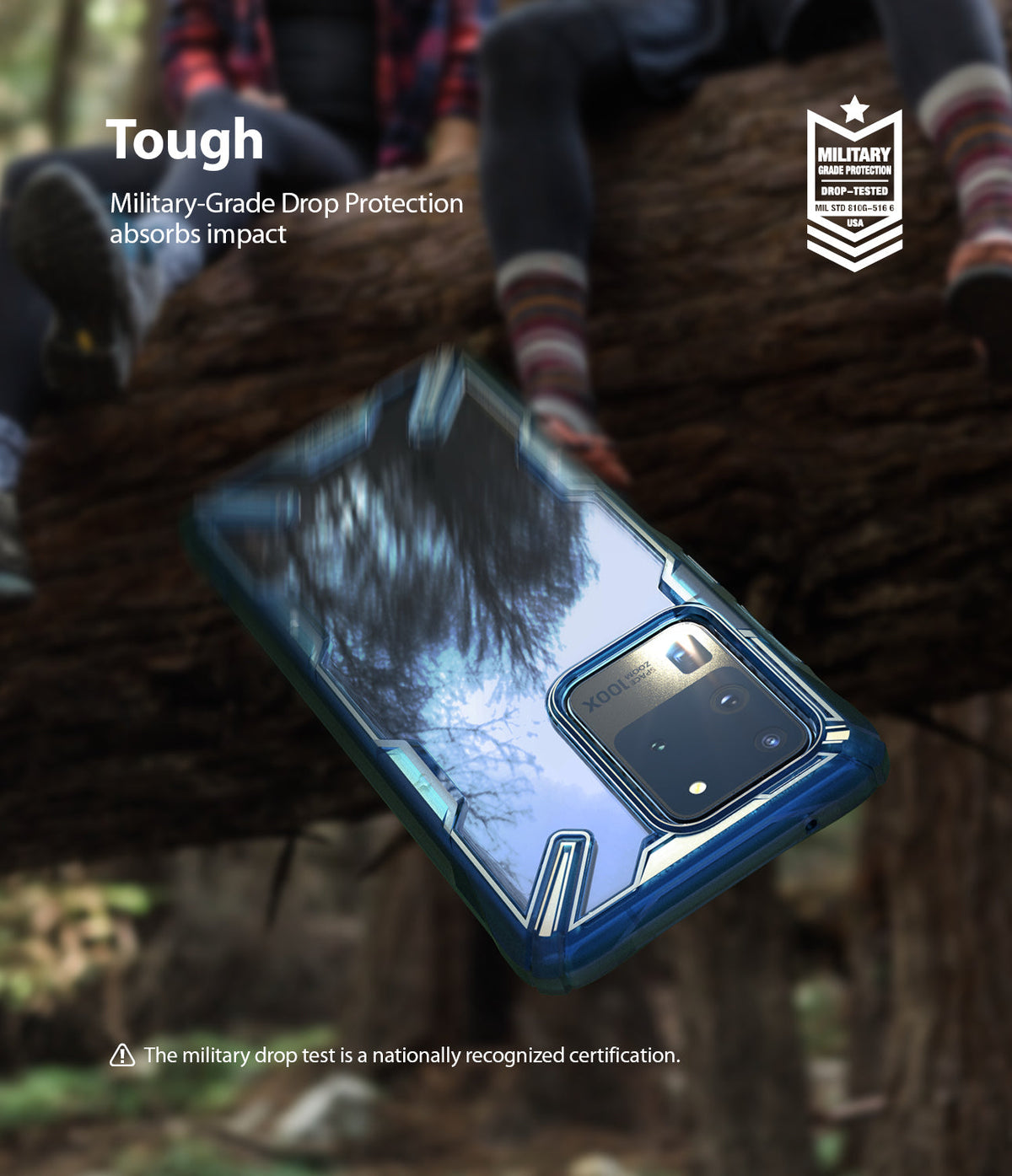 Galaxy S20 Ultra Case | Fusion-X - Clear phone case with blue edges floating against a blurred outdoor forest background.