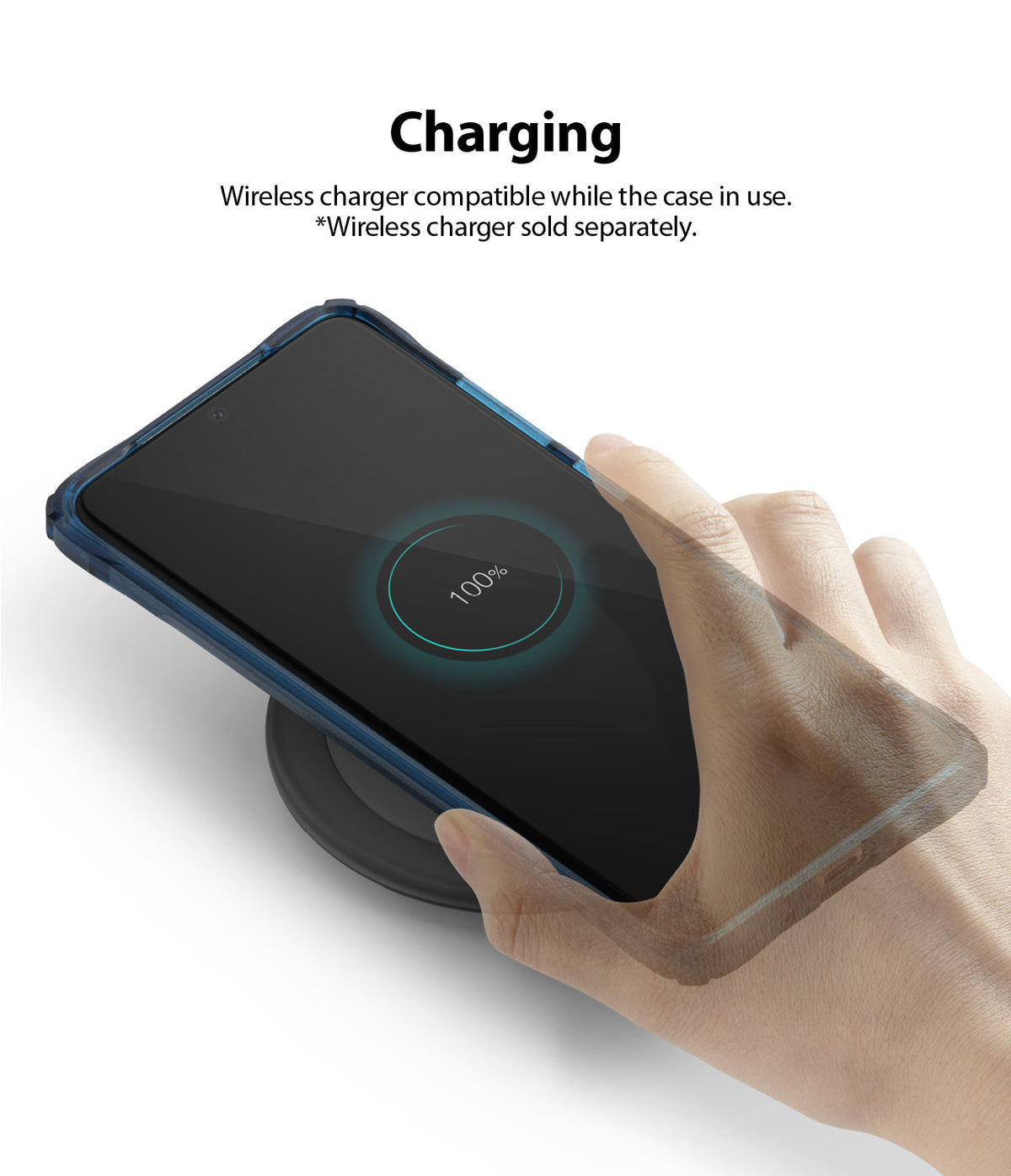Galaxy S20 Ultra Case | Fusion-X - Hand placing a phone in a protective case onto a wireless charging pad showing 100% charge.