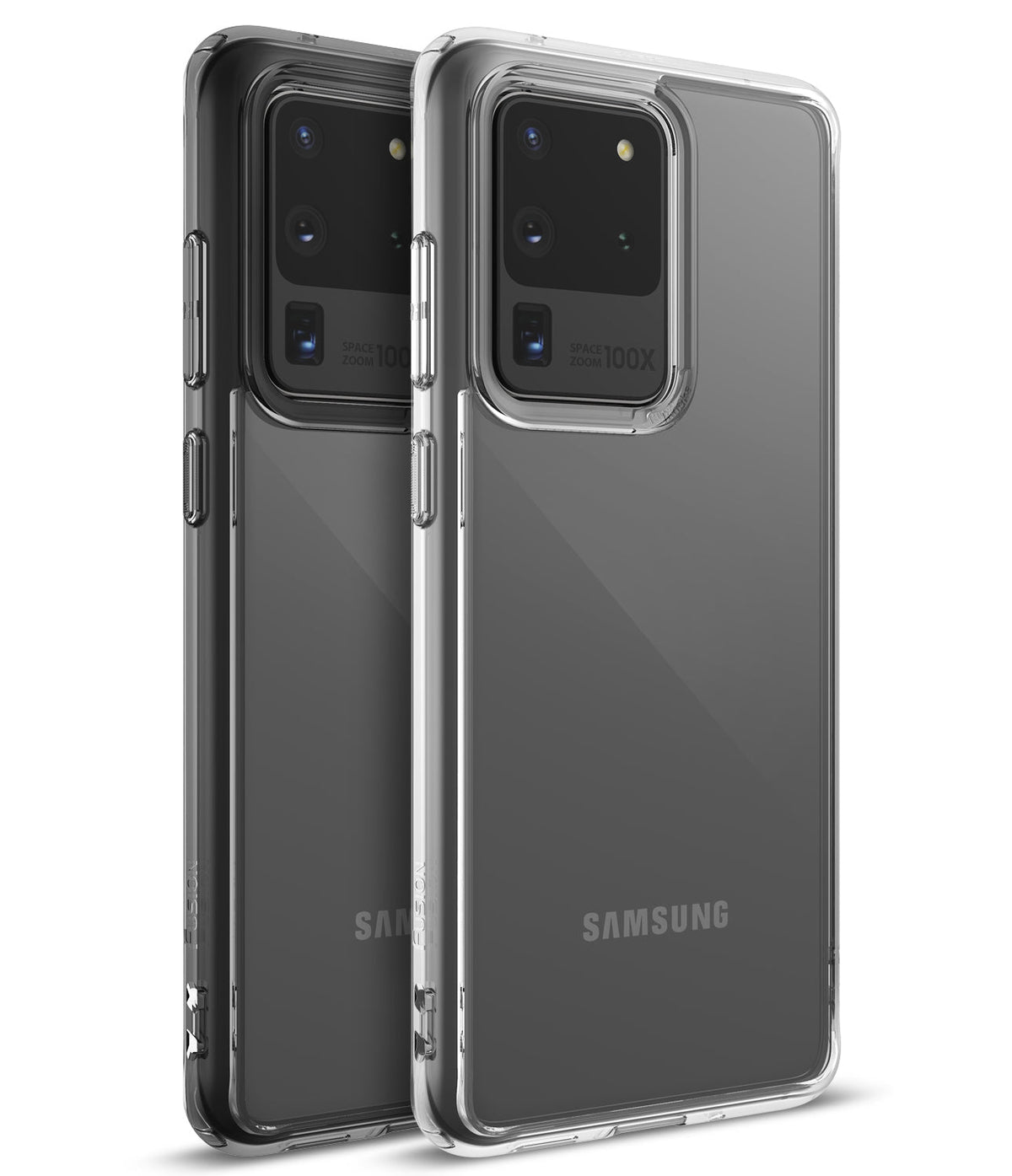 Galaxy S20 Ultra Case | Fusion - Two clear protective cases on Galaxy S20 Ultra phones showing camera and side buttons.