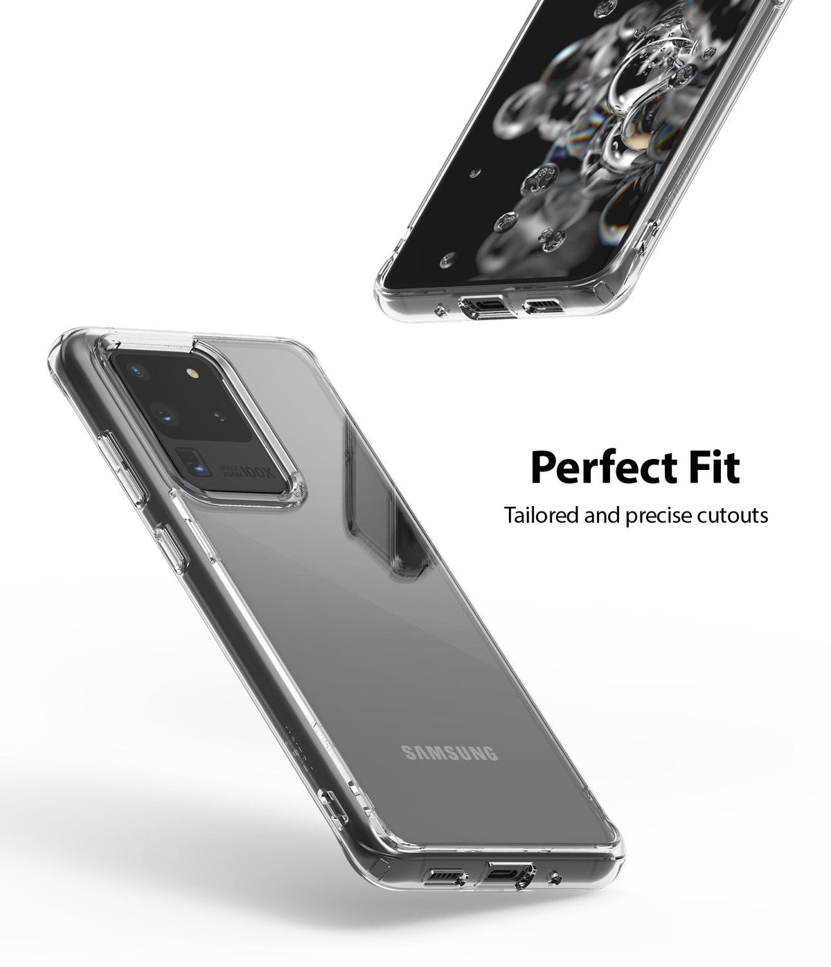 Galaxy S20 Ultra Case | Fusion - Clear phone case on a Samsung Galaxy S20 Ultra showing precise cutouts and fit.