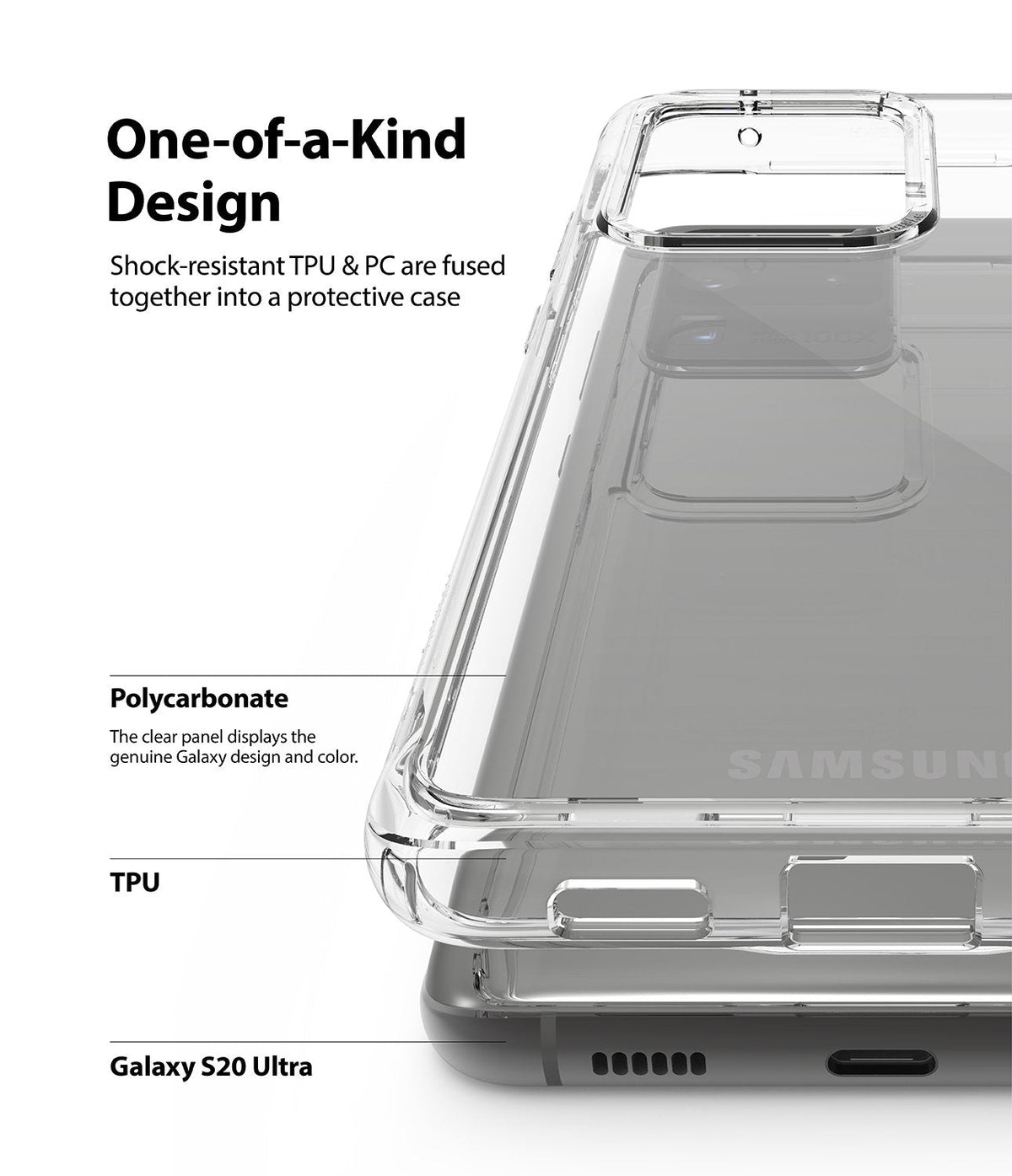 Galaxy S20 Ultra Case | Fusion - Clear protective phone case highlighting TPU and polycarbonate materials on a smartphone.