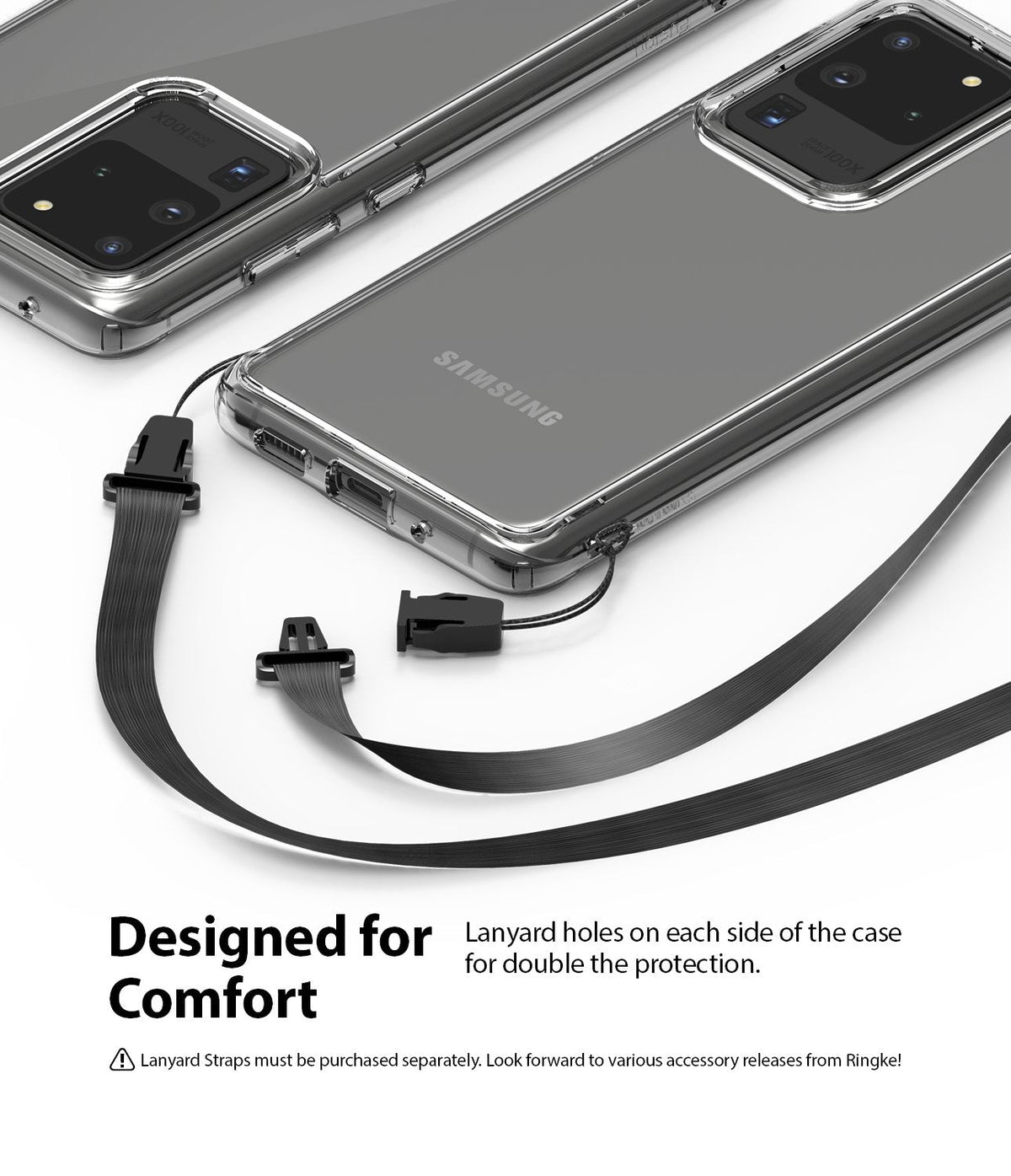 Galaxy S20 Ultra Case | Fusion - Clear phone case with dual lanyard attachment points and a detachable black strap.