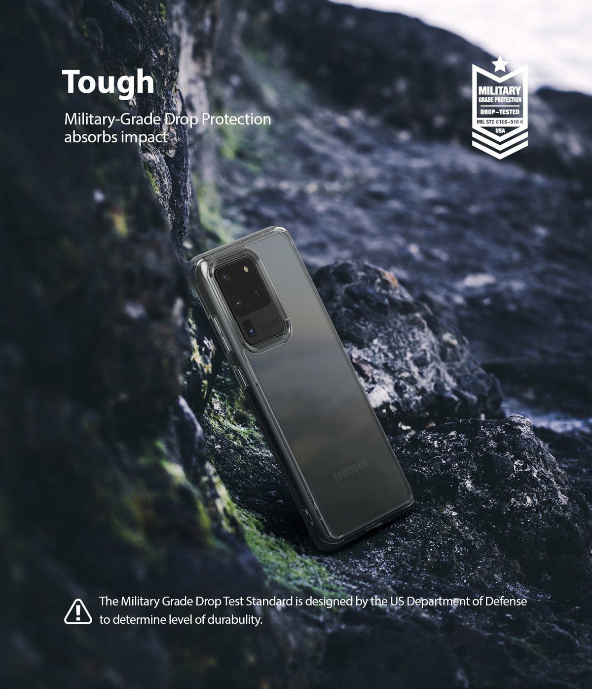 Galaxy S20 Ultra Case | Fusion - Clear phone case on rocky terrain with military-grade drop protection text overlay.