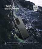 Galaxy S20 Ultra Case | Fusion - Clear phone case on rocky terrain with military-grade drop protection text overlay.