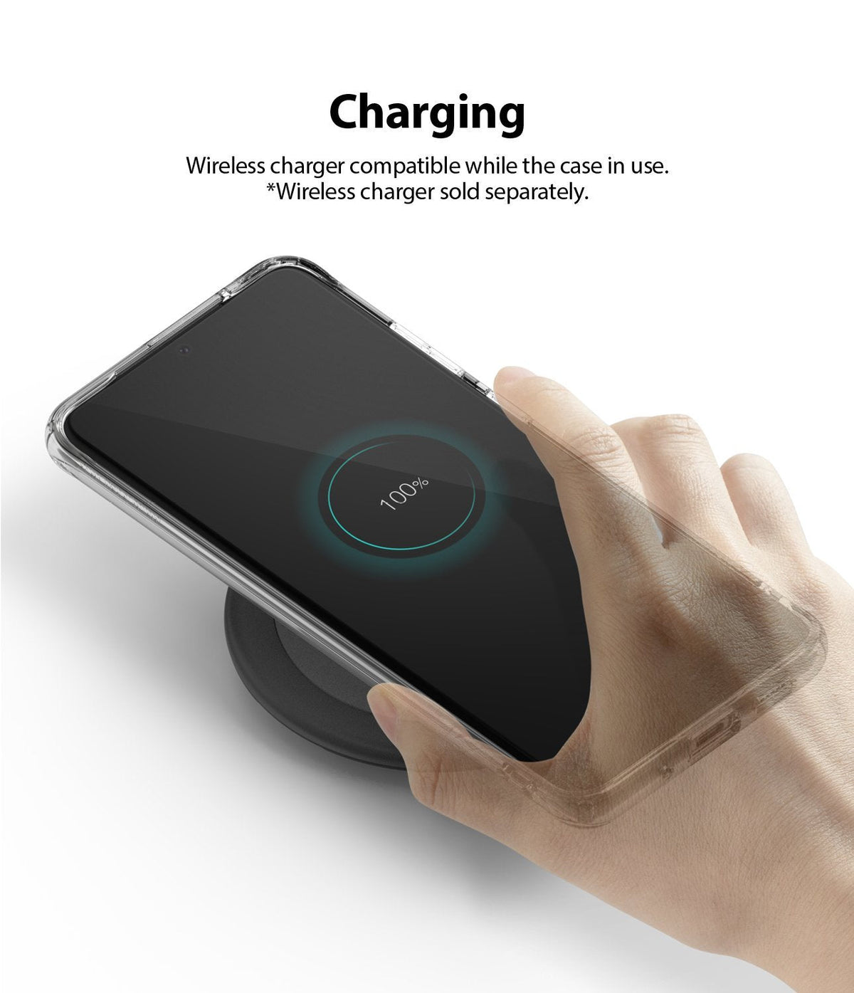 Galaxy S20 Ultra Case | Fusion - Hand holding a phone in a clear case on a wireless charger showing 100% battery.