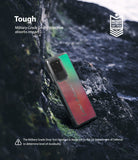 Galaxy S20 Ultra Case | Fusion Design - A gradient-colored phone case resting on dark rocks with military-grade protection text.