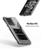 Galaxy S20 Ultra Case | Fusion Design - Clear phone case on a Galaxy S20 Ultra showing precise cutouts and a travel-themed insert.