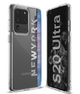 Galaxy S20 Ultra Case | Fusion Design - Clear phone case featuring a New York skyline graphic and text on the back.