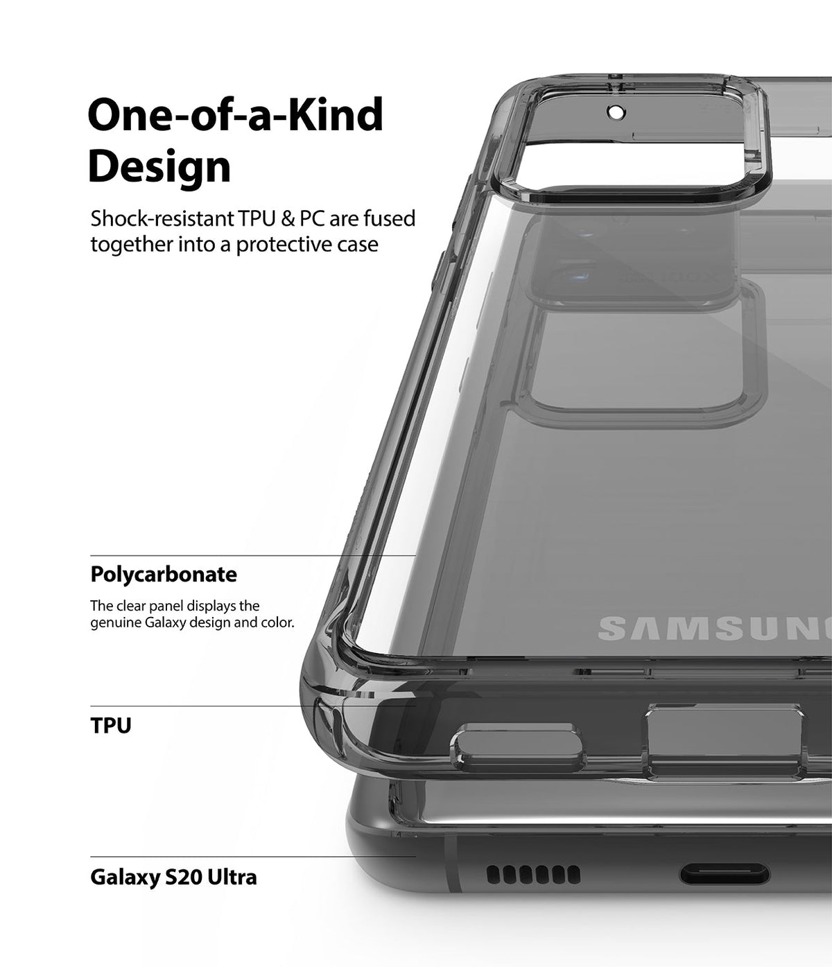 Galaxy S20 Ultra Case | Fusion - Clear protective case showing TPU and polycarbonate layers on a Galaxy S20 Ultra.