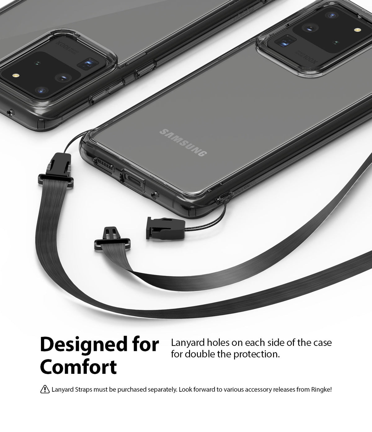 Galaxy S20 Ultra Case | Fusion - Clear phone case with dual lanyard attachment points and a detachable black strap.