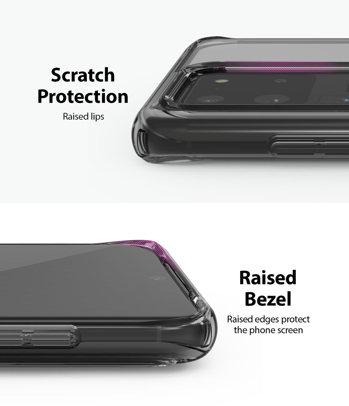 Galaxy S20 Ultra Case | Fusion - Close-up of phone case showing raised lips and bezels for screen and camera protection.