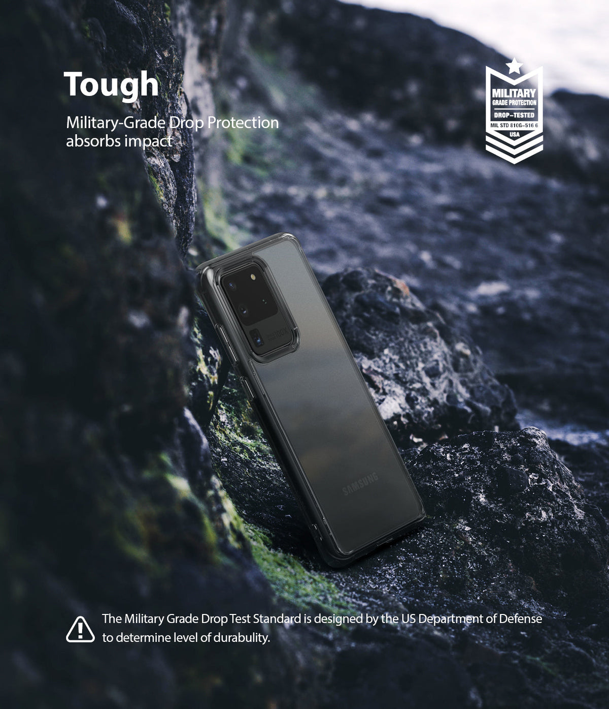 Galaxy S20 Ultra Case | Fusion - A phone in a clear protective case resting against dark, rugged rocks with military-grade certification.