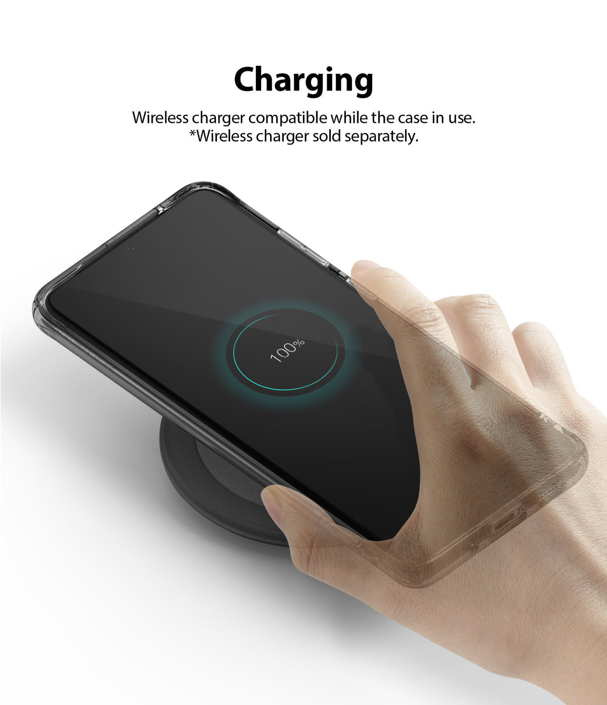Galaxy S20 Ultra Case | Fusion - Hand placing a phone in a clear case onto a wireless charging pad showing 100% charge.
