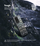 Galaxy S20 Plus Case | Fusion Design - Camo-patterned phone case resting on dark rocks with military-grade drop protection text.