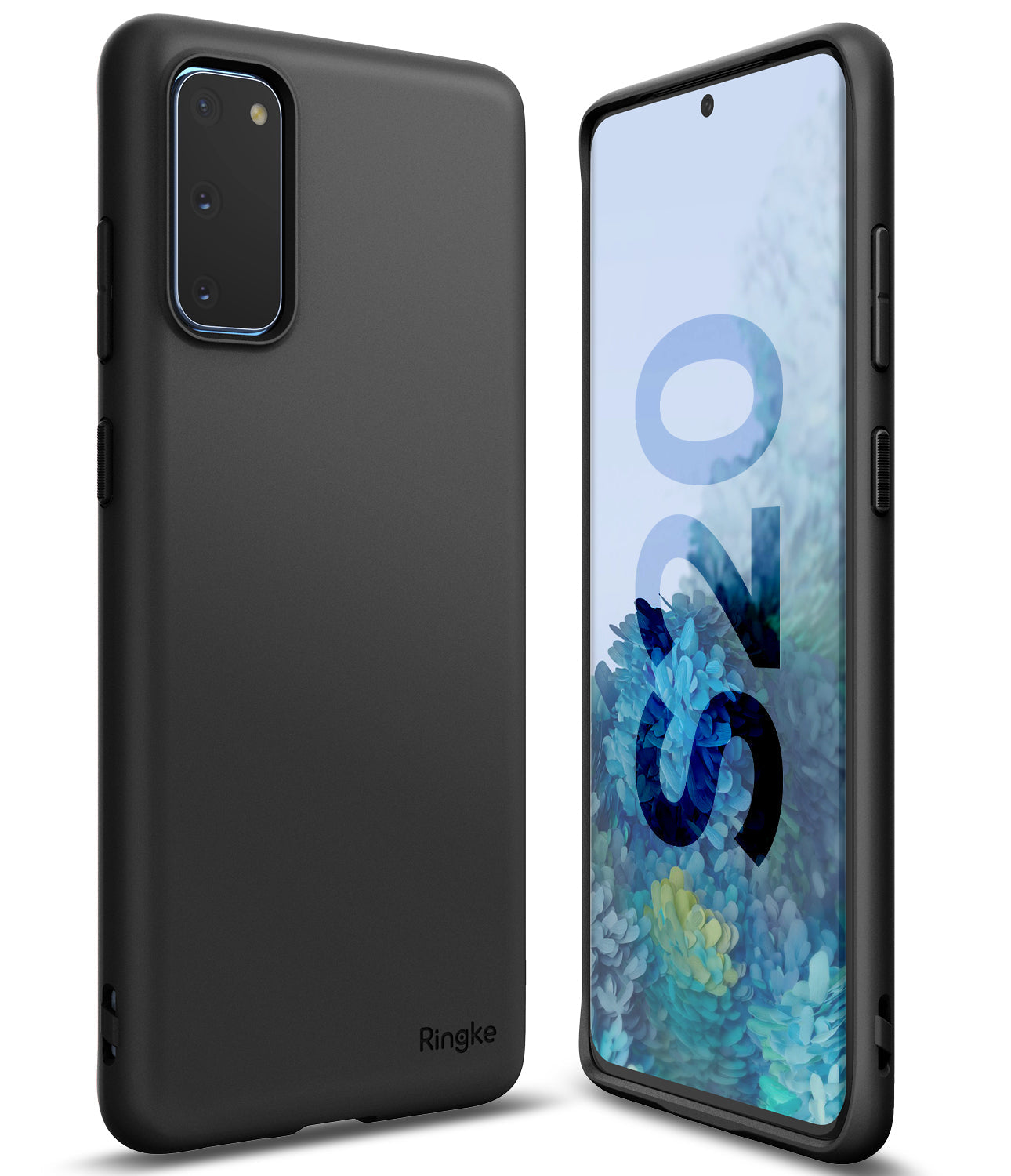 Galaxy S20 Case | Air-S - Matte black phone case shown from back and front angles with S20 branding on the screen.