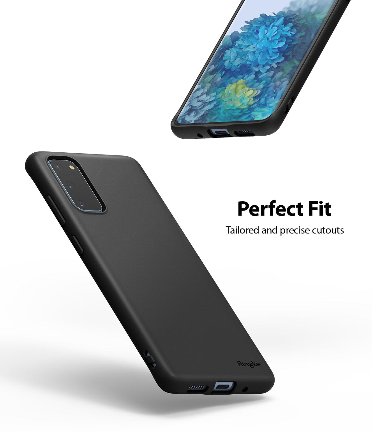 Galaxy S20 Case | Air-S - Matte black phone case shown from front and back angles with precise cutouts for ports and camera.
