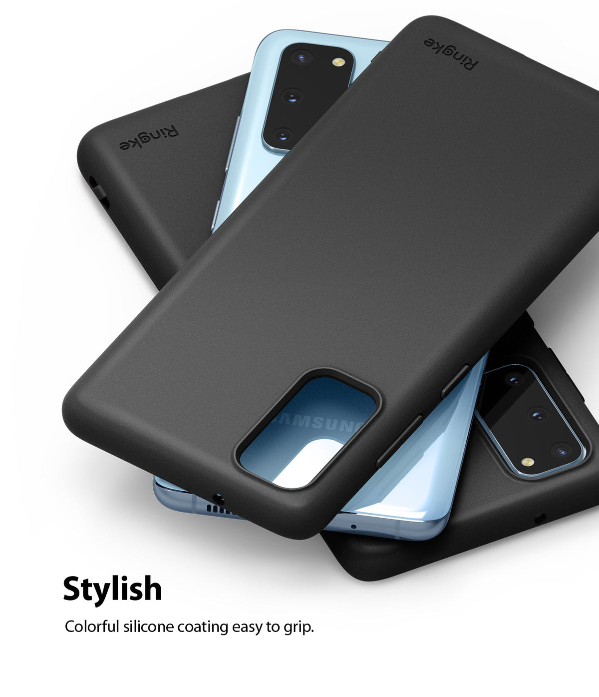 Galaxy S20 Case | Air-S - Stack of light blue Galaxy S20 phones partially covered by matte black Ringke silicone cases.