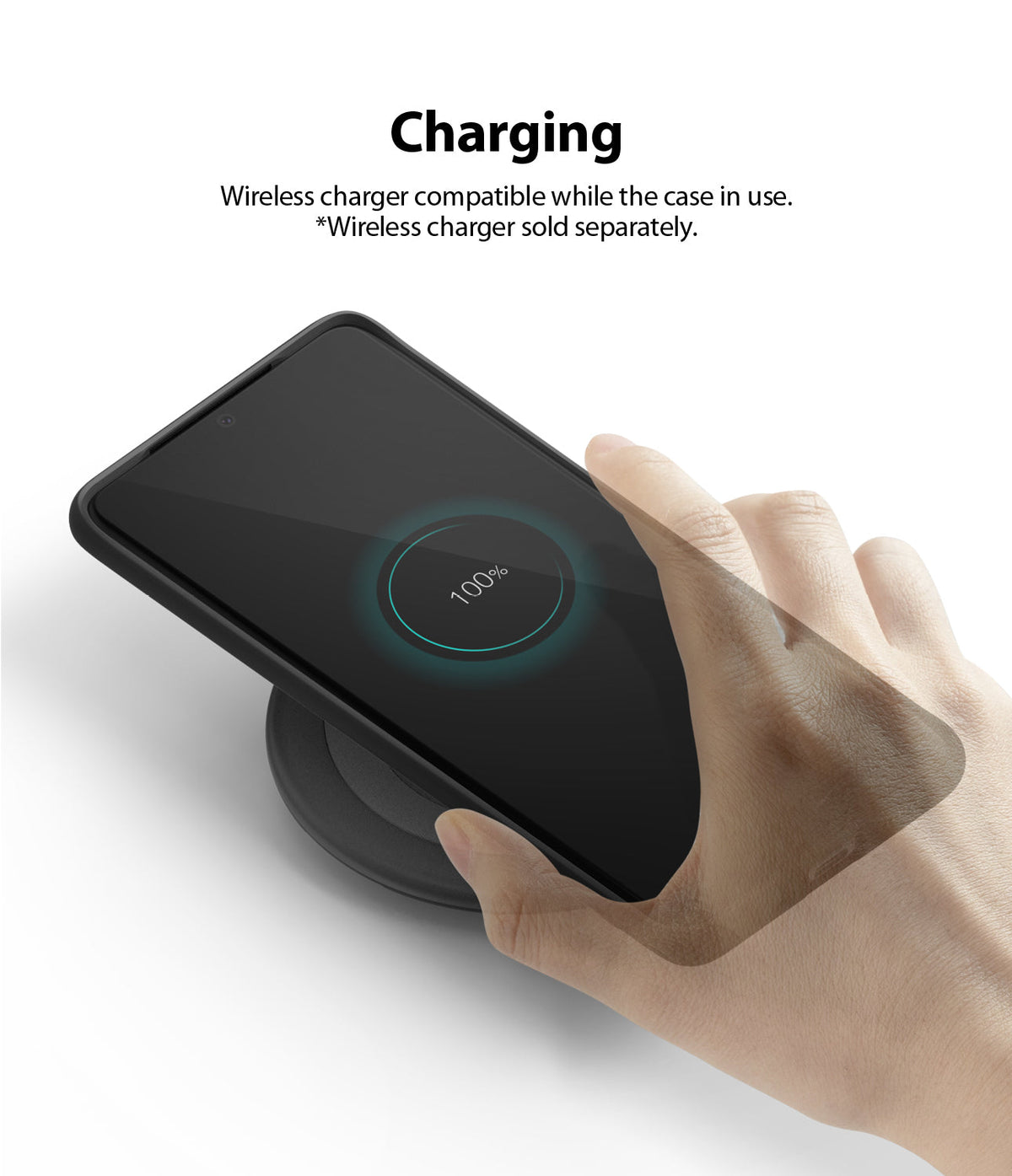 Galaxy S20 Case | Air-S - A hand places a Galaxy S20 in a black case onto a wireless charging pad showing 100% battery.