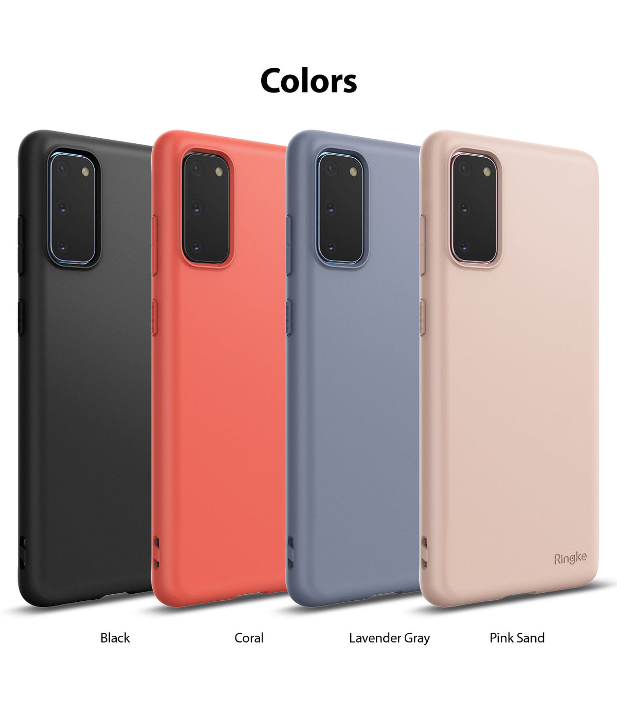 Galaxy S20 Case | Air-S - Four Galaxy S20 cases in black, coral, lavender gray, and pink sand arranged side-by-side.